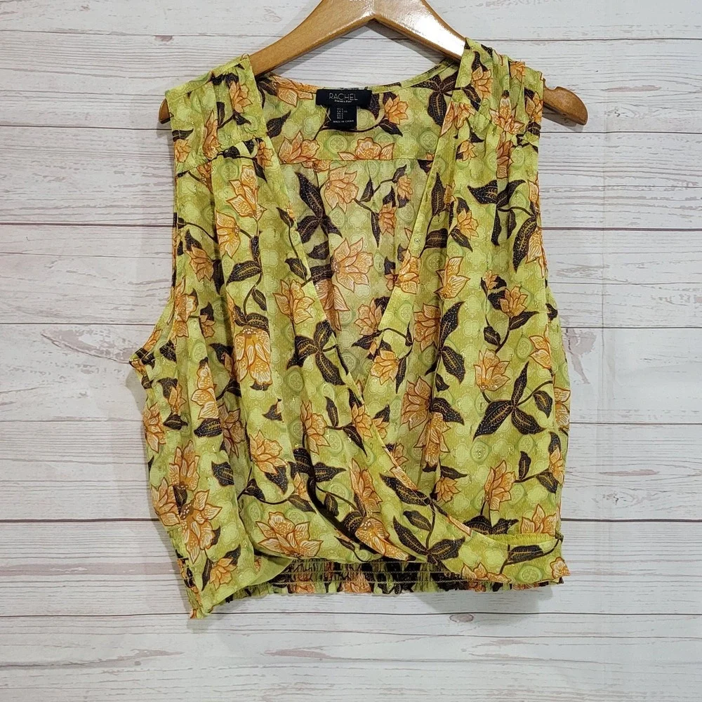 Rachel Roy Faux Wrap Top Womens Large Green Floral Lotus Smocked Waist Cottage